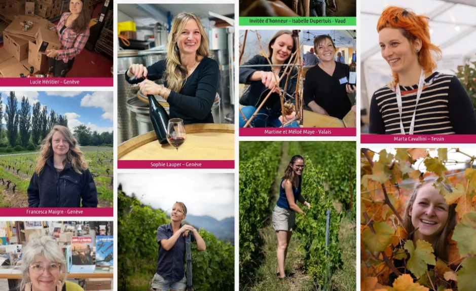 Montage de portraits de vigneronnes suisses participant au salon DiVINes ! 2026 à Rolle, venues notamment de Genève, du Valais et du Tessin.