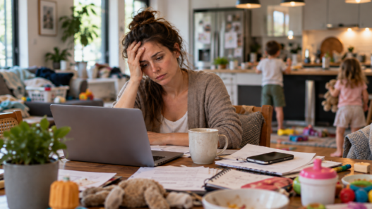 Femme épuisée mentalement devant son ordinateur, entourée de tâches professionnelles et familiales, avec deux enfants en arrière-plan.