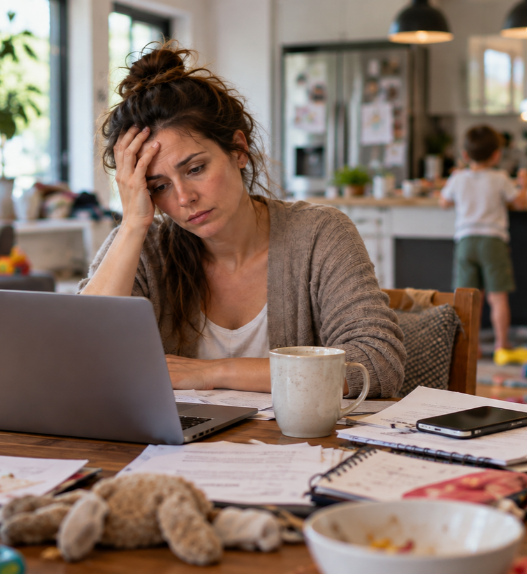 Femme épuisée mentalement devant son ordinateur, entourée de tâches professionnelles et familiales, avec deux enfants en arrière-plan.