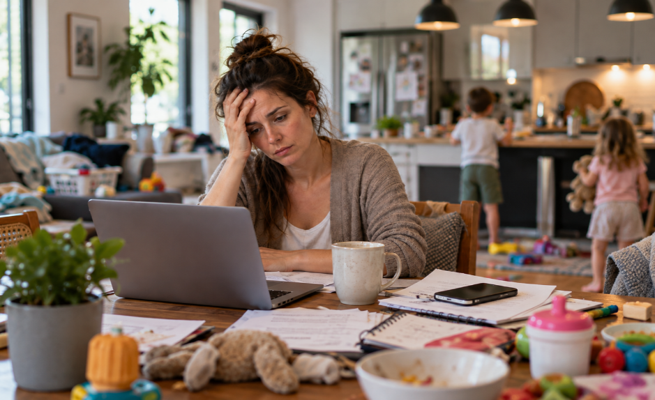 Femme épuisée mentalement devant son ordinateur, entourée de tâches professionnelles et familiales, avec deux enfants en arrière-plan.