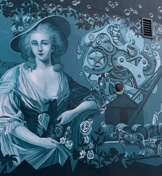 Fresque murale à Bulle représentant une femme, des engrenages et des scènes de la vie en Gruyère