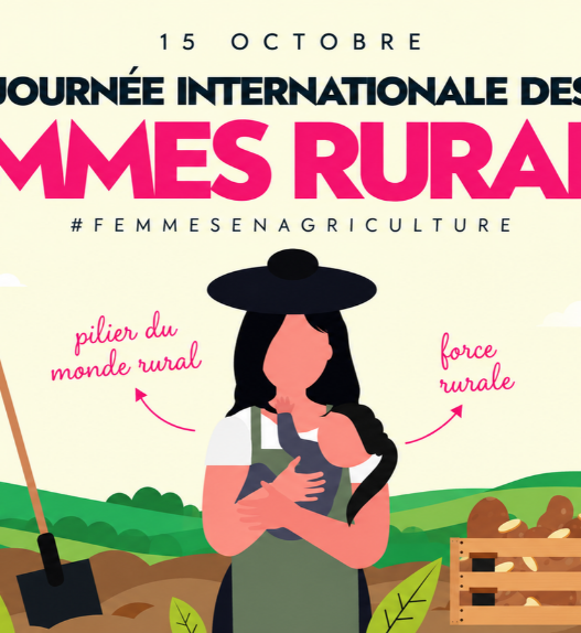 Illustration de la Journée internationale des femmes rurales du 15 octobre 2026, représentant une agricultrice portant un enfant dans un paysage agricole.