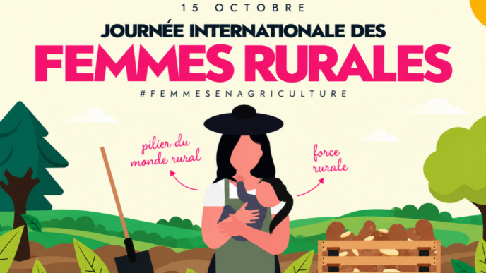 Illustration de la Journée internationale des femmes rurales du 15 octobre 2026, représentant une agricultrice portant un enfant dans un paysage agricole.