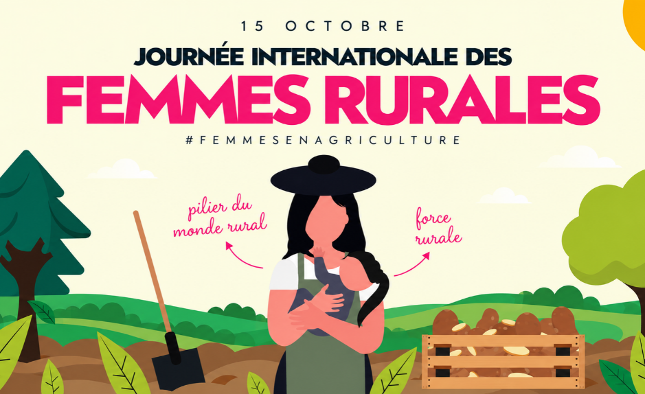 Illustration de la Journée internationale des femmes rurales du 15 octobre 2026, représentant une agricultrice portant un enfant dans un paysage agricole.
