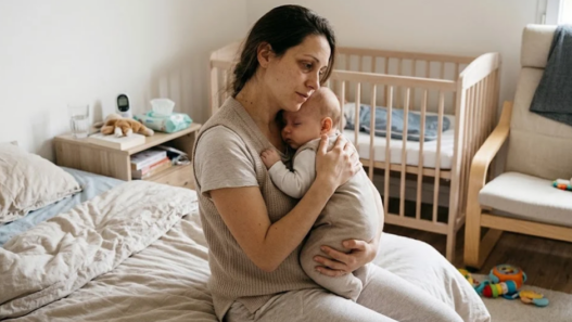 Une mère tient son bébé contre elle, assise sur un lit, dans une chambre avec un berceau en arrière-plan.