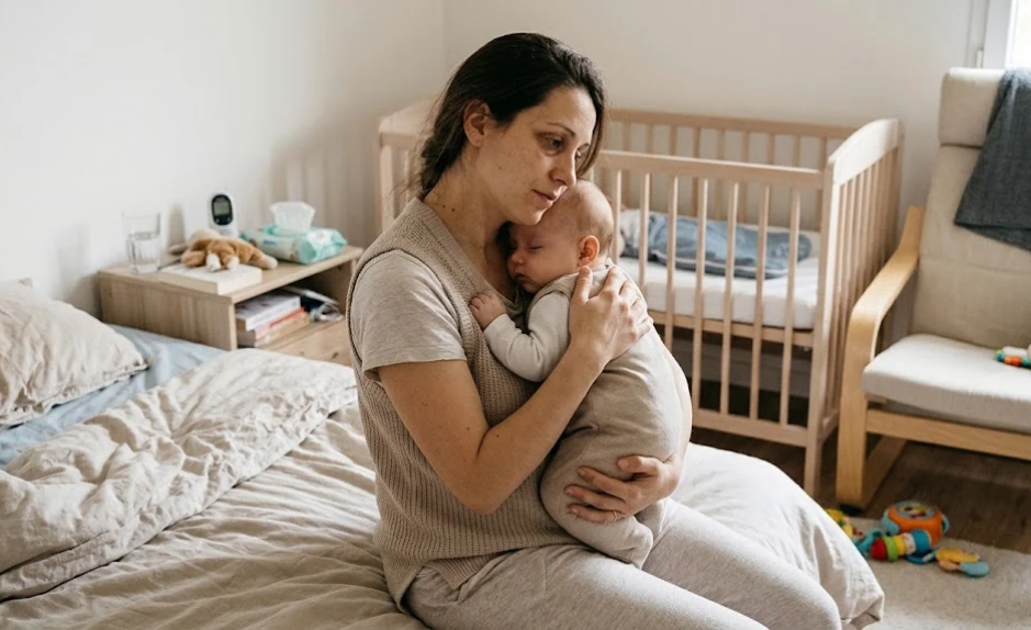 Une mère tient son bébé contre elle, assise sur un lit, dans une chambre avec un berceau en arrière-plan.